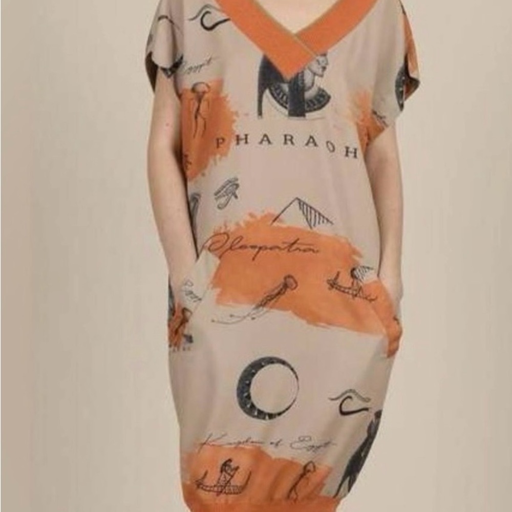 Molly Bracken Beige & Orange Graphic Midi Dress for Lili Sidonio Egyptian prints